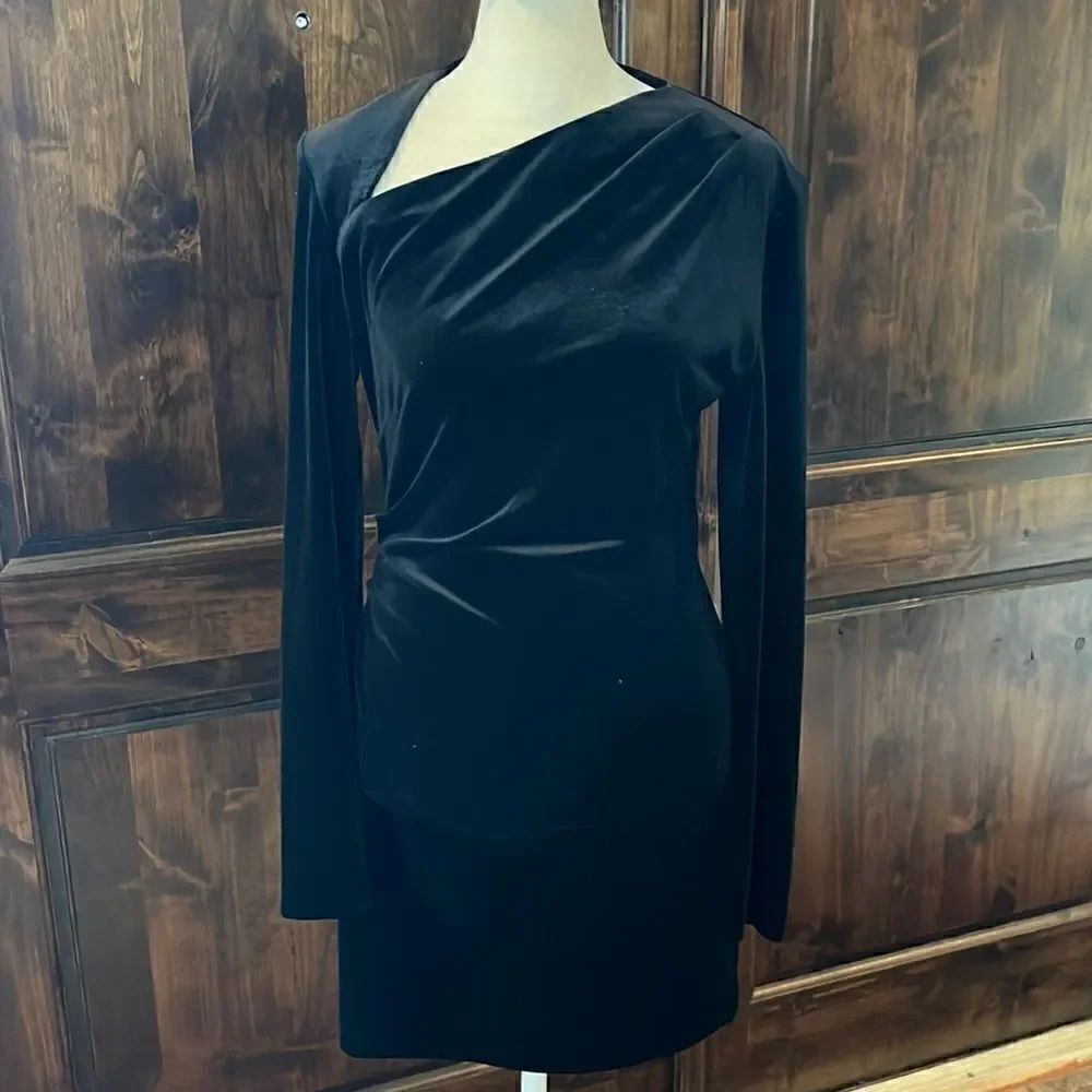 Zara Black Crushed Velvet Asym. Neck Body-Con Stretchy long-sleeved Dress, S
